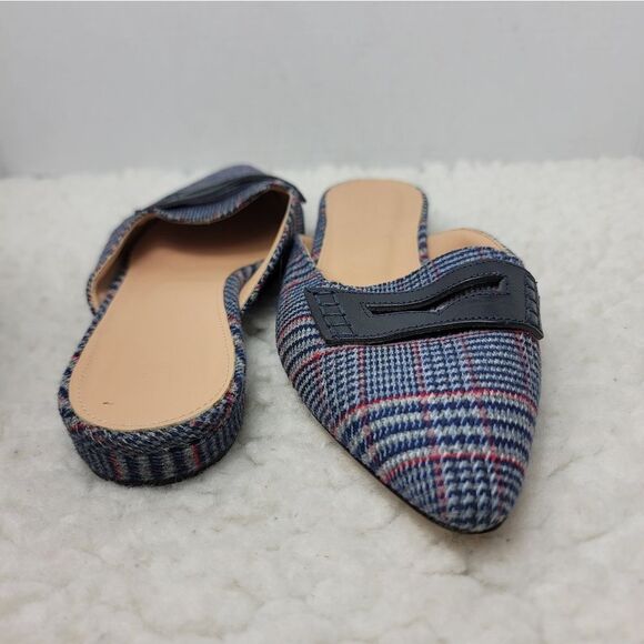 J. Crew Tweed Womens Slip On Mule Size 9 Loafer Plaid Navy Blue Point Toe Shoes - Picture 7 of 10